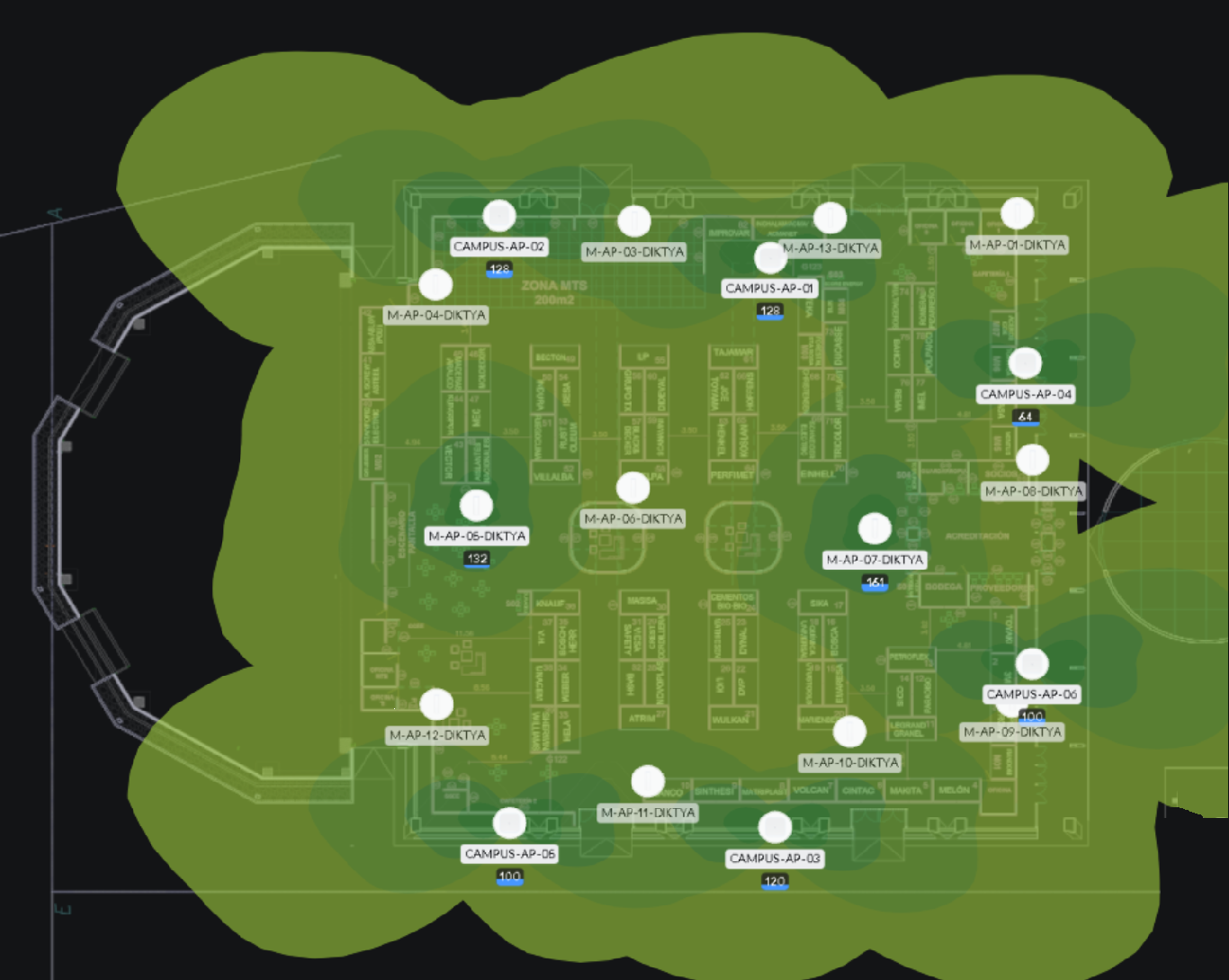 Mapa de calor de cobertura WiFi de un recinto
